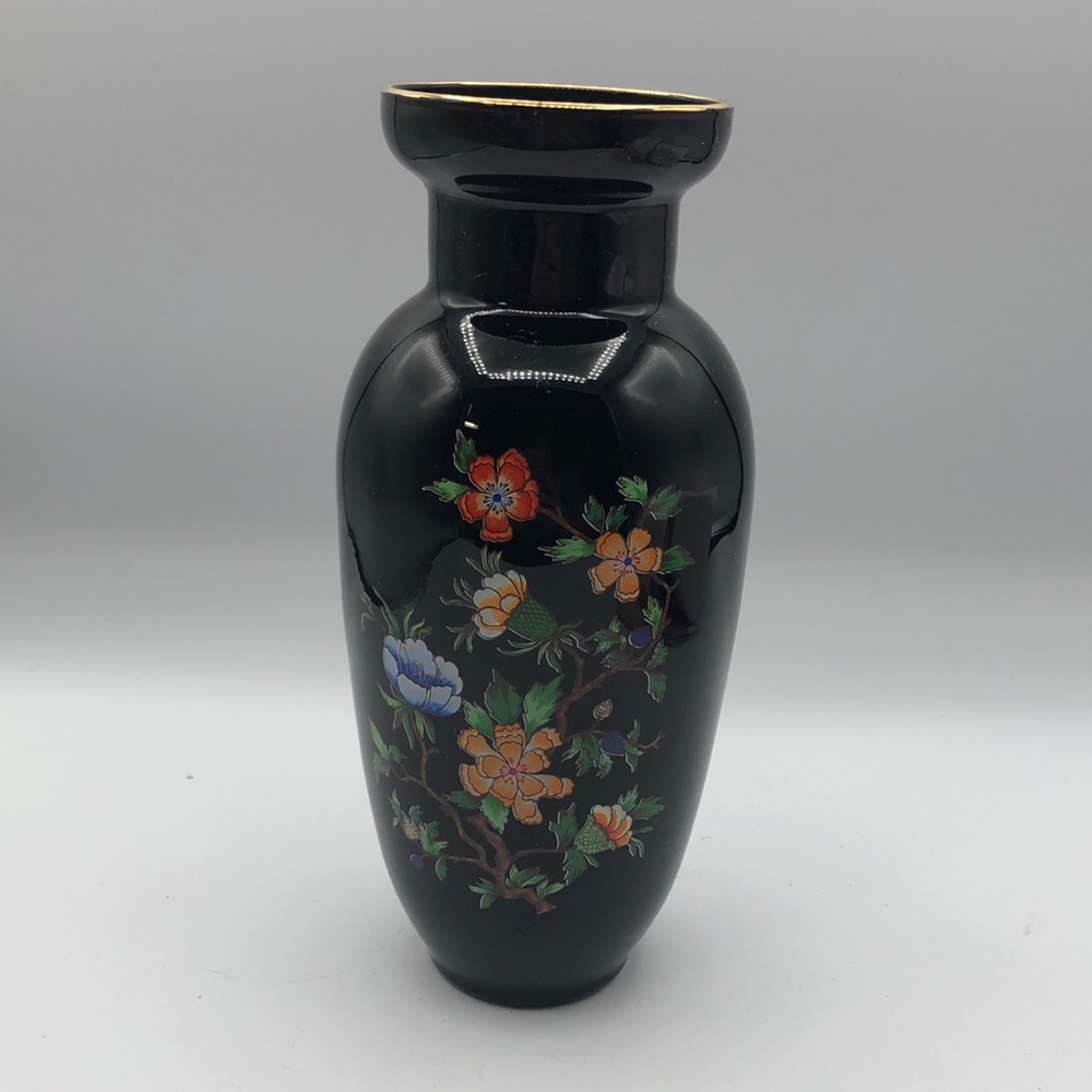 VINTAGE VASE BLACK GLASS GOLD RIM FLORAL TRANSFER DESIGN 8.0 "TALL